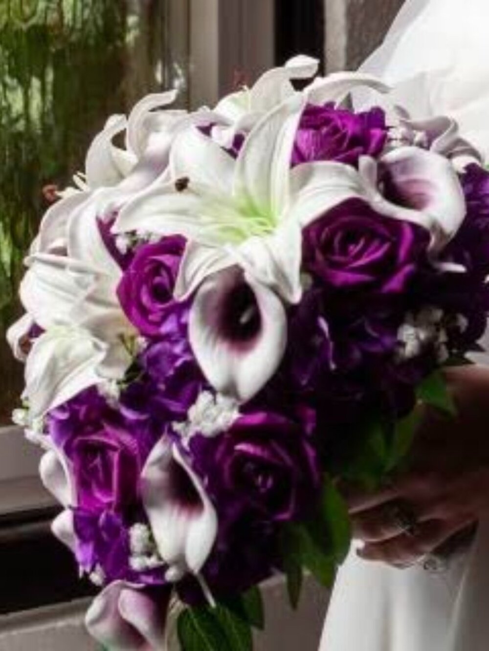 Purple and White Fake Flower Bridal Bouquet and Matching Boutonniere